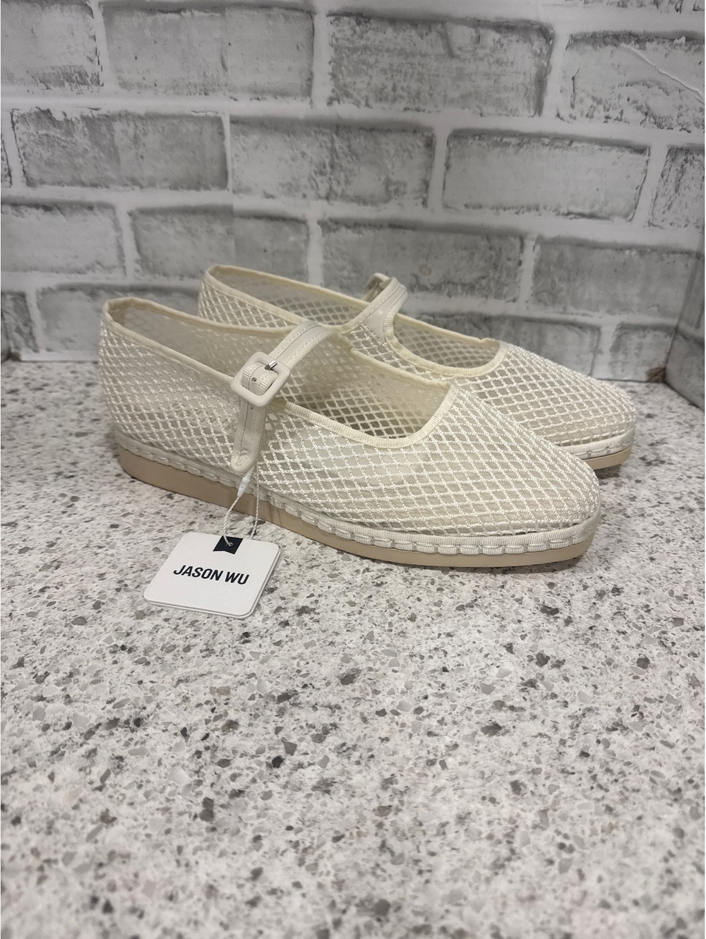 Jason Wu Off White Netted Mesh Mary Jane Flats with Adjustable Buckle, Size 9.5